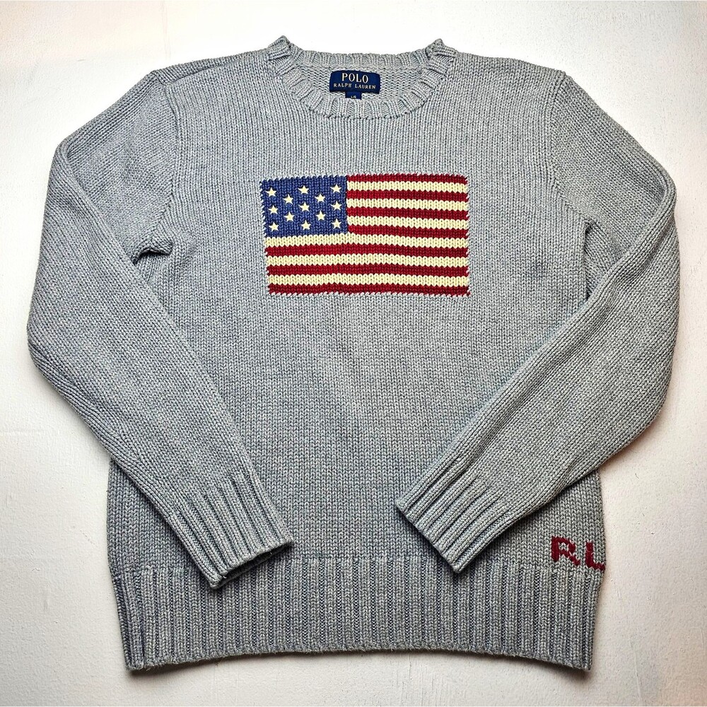 Polo Ralph Lauren USA Flag Gray Cotton Knit Crewneck Pullover Sweater Kids L